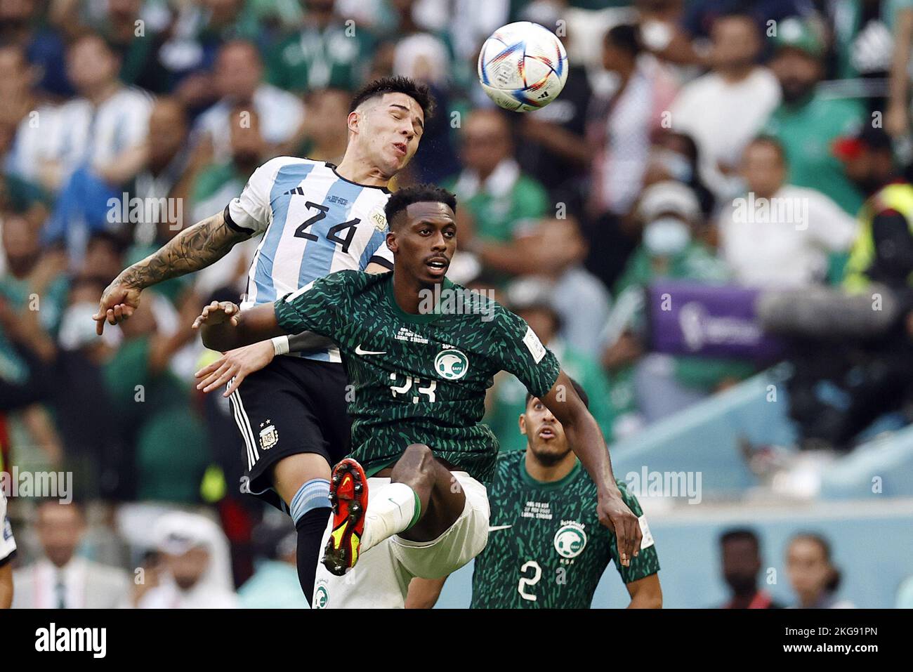 LUSAIL CITY - (l-r) Enzo Fernandez of Argentina, Mohamed Kanno of Saudi Arabia during the FIFA World Cup Qatar 2022 group C match between Argentina and Saudi Arabia at Lusail stadium on November 22, 2022 in Lusail City, Qatar. AP | Dutch Height | MAURICE OF STONE Credit: ANP/Alamy Live News Stock Photo