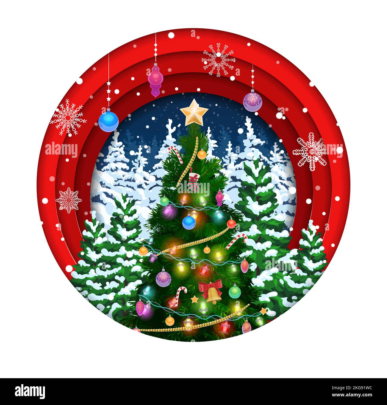 Christmas paper cut with holiday pine tree and decorations. Vector ...