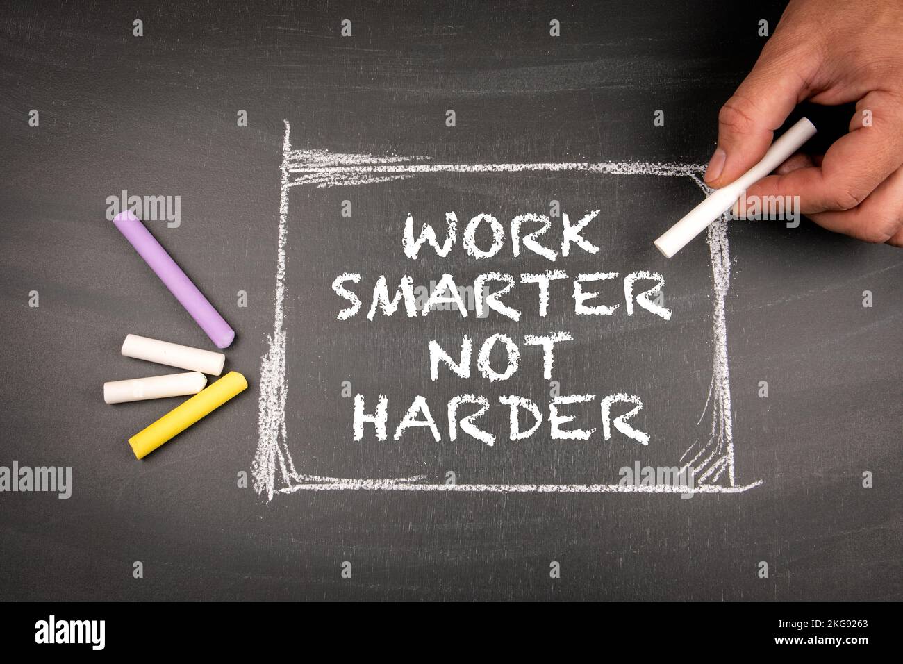 Work Smarter Not Harder. Text on black chalk board. Stock Photo