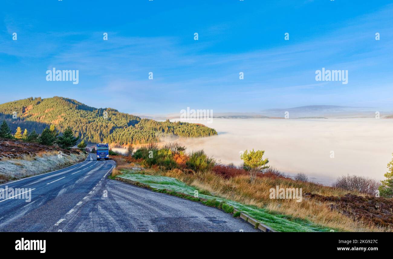 Struie Hill Edderton Easter Ross Scotland view looking the road with the  Dornoch Firth covered by autumnal mist Stock Photo