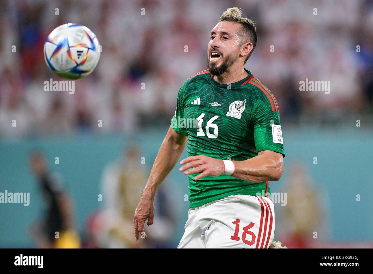 DOHA, QATAR - NOVEMBER 22: Hector Herrera of Mexico runs with the ball during the Group C - FIFA World Cup Qatar 2022 match between Mexico and Poland at Stadium 974 on November 22, 2022 in Doha, Qatar (Photo by Pablo Morano/BSR Agency) Credit: BSR Agency/Alamy Live News Credit: BSR Agency/Alamy Live News Stock Photo