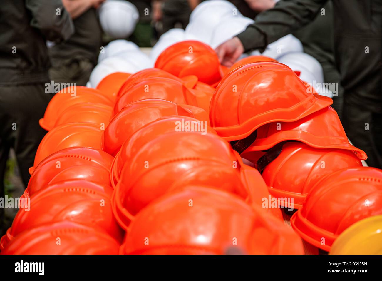 Set orange deferential helmet, construction tools for industrial safety