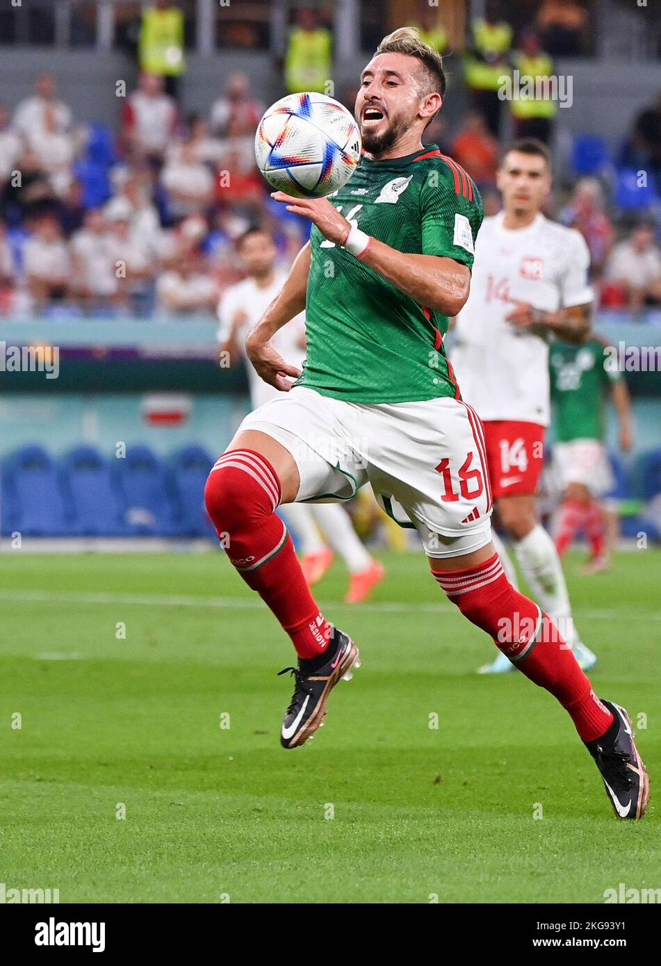 Doha, Qatar. 22nd Nov, 2022. Hector Herrera of Mexico competes during the Group C match between Mexico and Poland of the 2022 FIFA World Cup at Ras Abu Aboud (974) Stadium in Doha, Qatar, Nov. 22, 2022. Credit: Chen Cheng/Xinhua/Alamy Live News Stock Photo