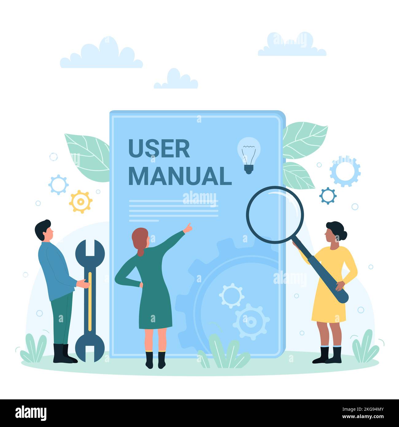 User manual handbook vector illustration. Cartoon tiny people look through magnifier at book with guide and instructions, characters use search for answers to questions, ask and read information Stock Vector