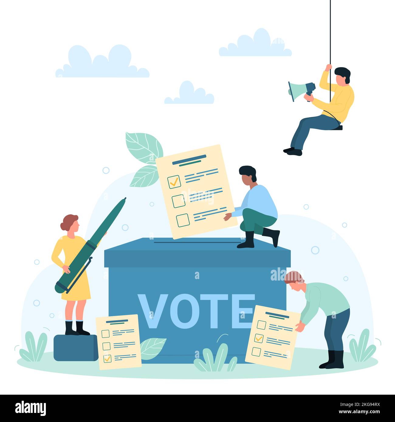 Referendum campaign, democracy and votes vector illustration. Cartoon tiny people vote in elections, putting ballot papers into big public voting box, voter holding pen to check survey checklist Stock Vector