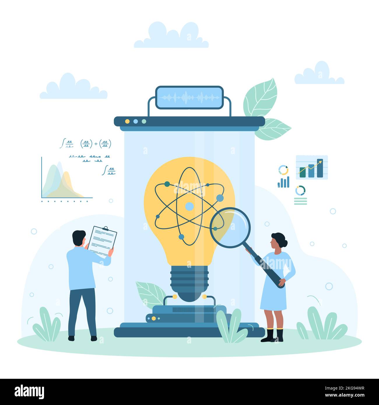 Science research in nuclear physics vector illustration. Cartoon tiny ...