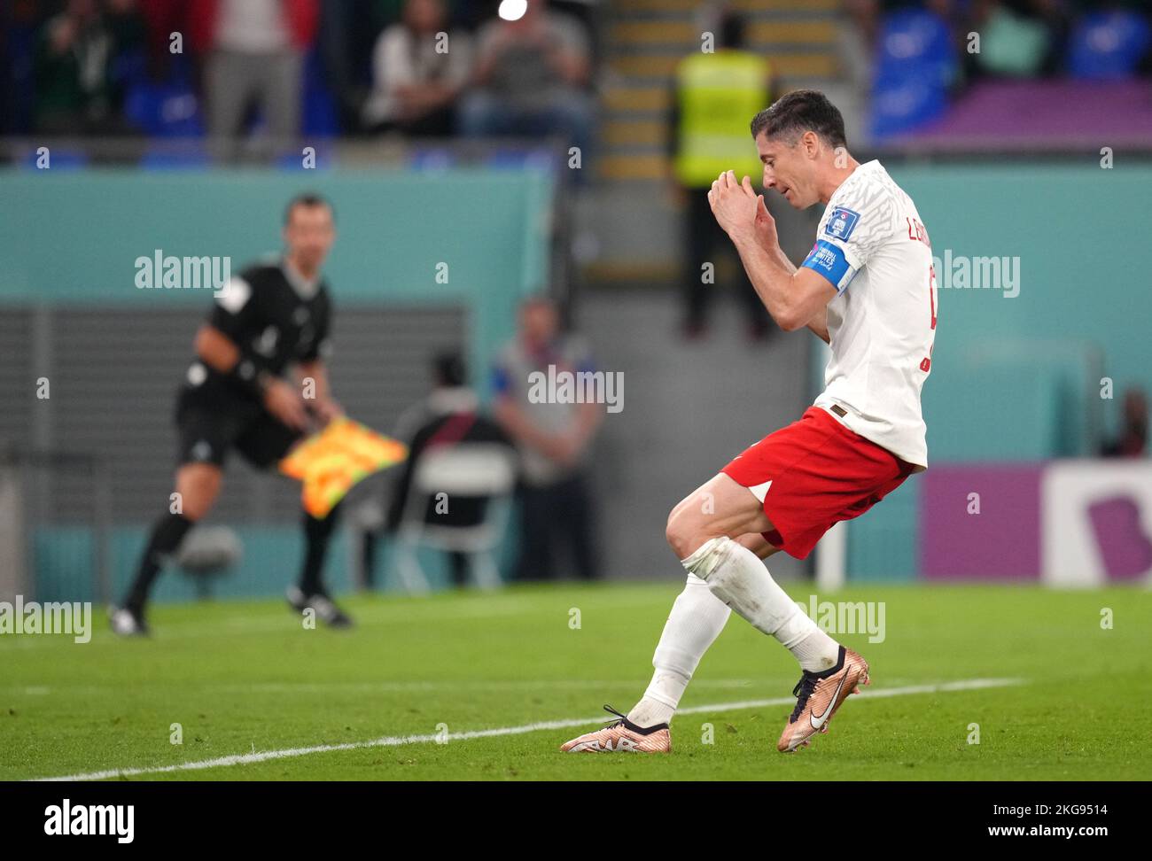 Poland's Robert Lewandowski reacts after missing a penalty during the FIFA World Cup Group C match at Stadium 974, Rass Abou Aboud. Picture date: Tuesday November 22, 2022. Stock Photo