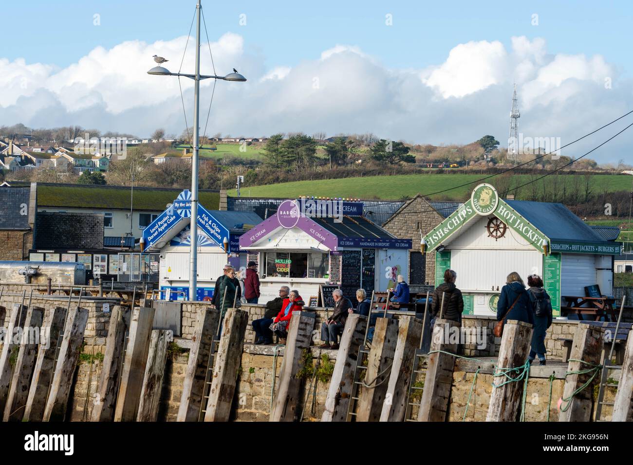 A view of food outlets by the harbour in the coastal settlement of West