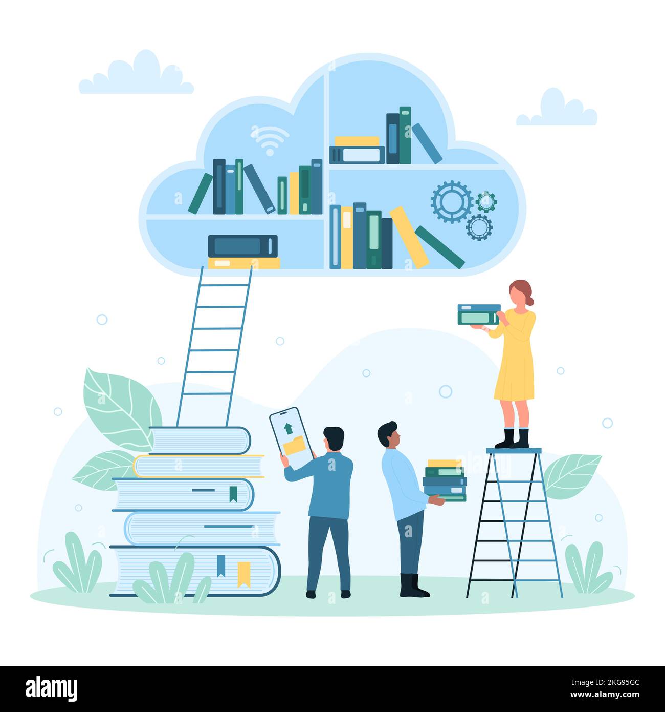 Cloud library, digital database for education vector illustration