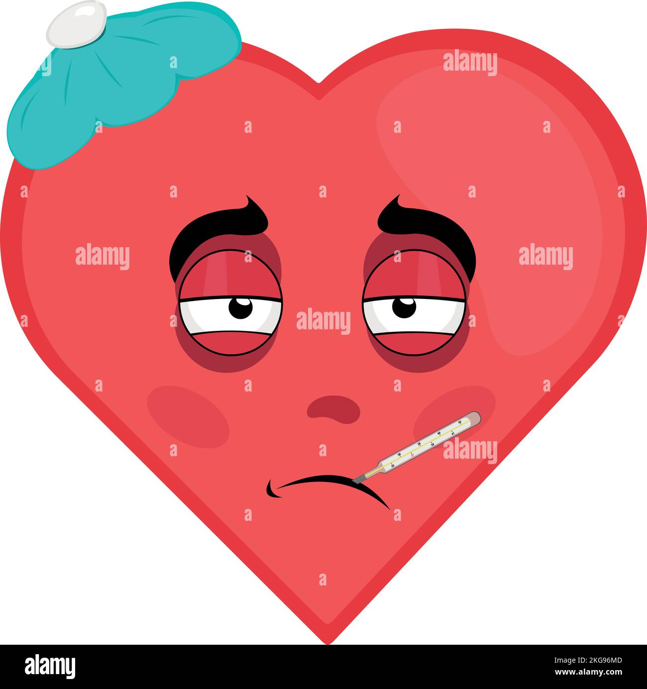 vector cartoon character illustration of a heart, sick, with a bag of water on his head and a thermometer in his mouth Stock Vector