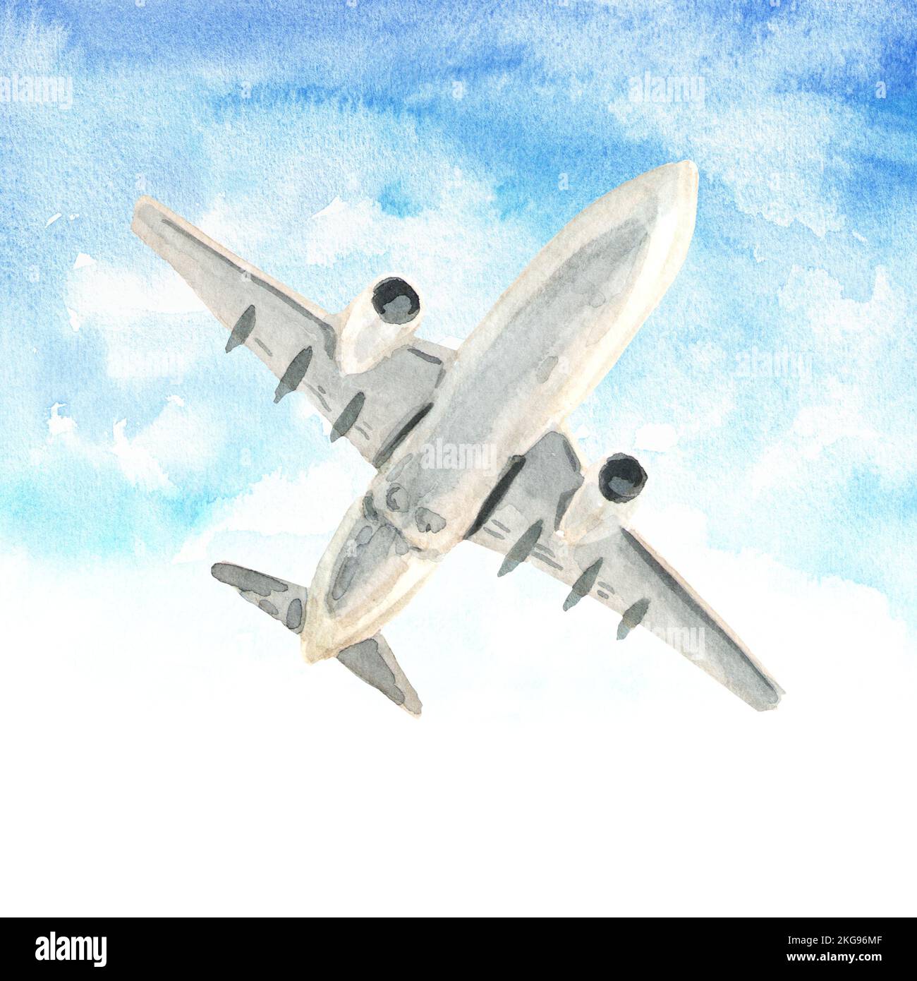 Airplane, white passenger airliner. Hand drawn watercolor illustration  isolated on white  background Stock Photo