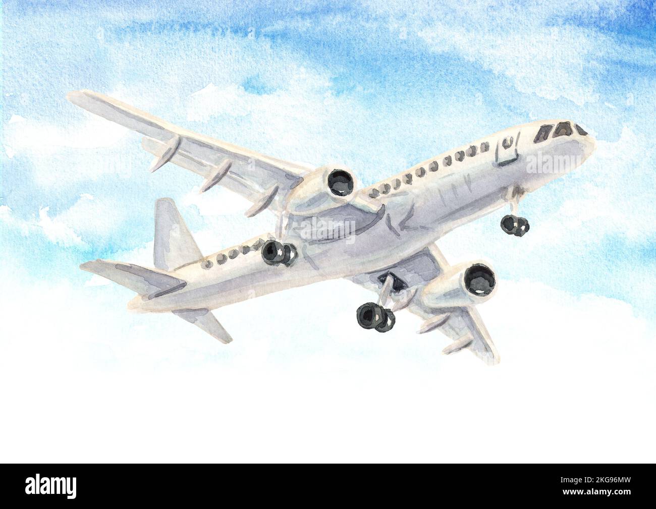 Airplane, white passenger airliner. Hand drawn watercolor illustration isolated on white