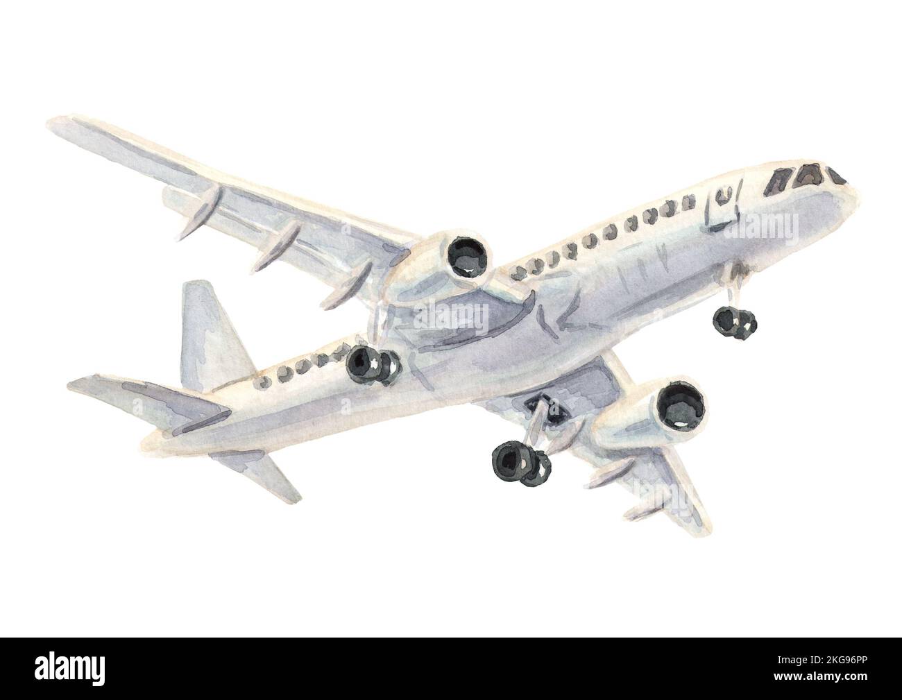 Airplane, white passenger airliner. Hand drawn watercolor illustration  isolated on white  background Stock Photo
