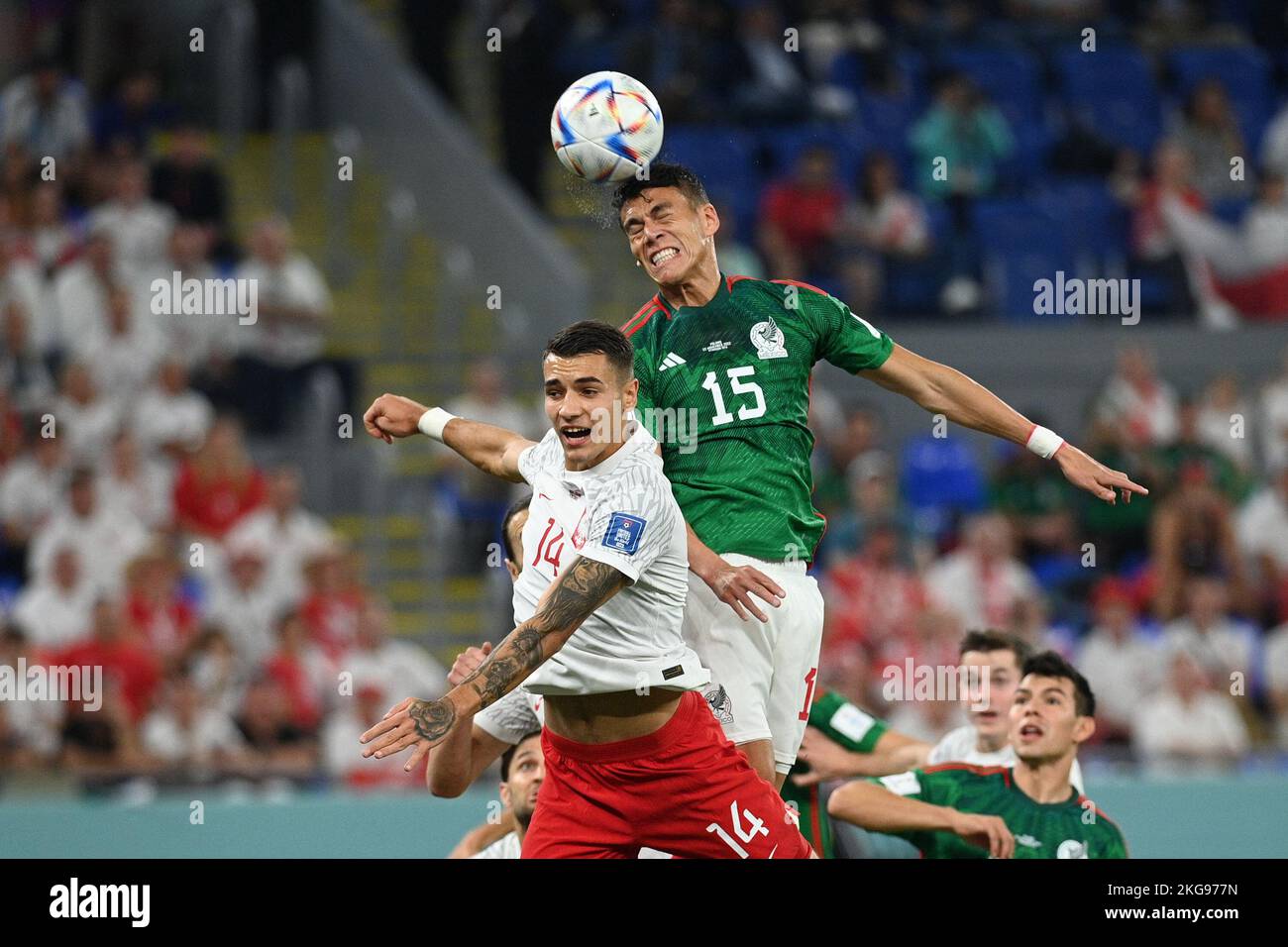 Doha, Catar. 22nd Nov, 2022. Héctor Moreno of Mexico and Jakub Kiwior of Poland during the match between Mexico and Poland, valid for the group stage of the World Cup, held at 974 Stadium in Doha, Qatar. Credit: Richard Callis/FotoArena/Alamy Live News Stock Photo