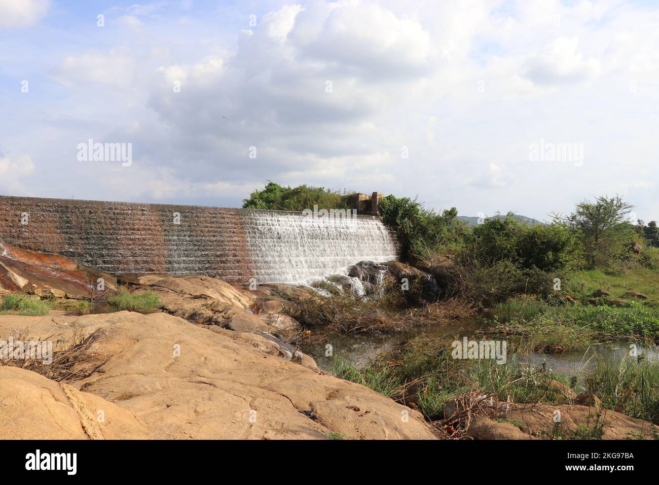 View of a Overflowing dam made from natural building materials like