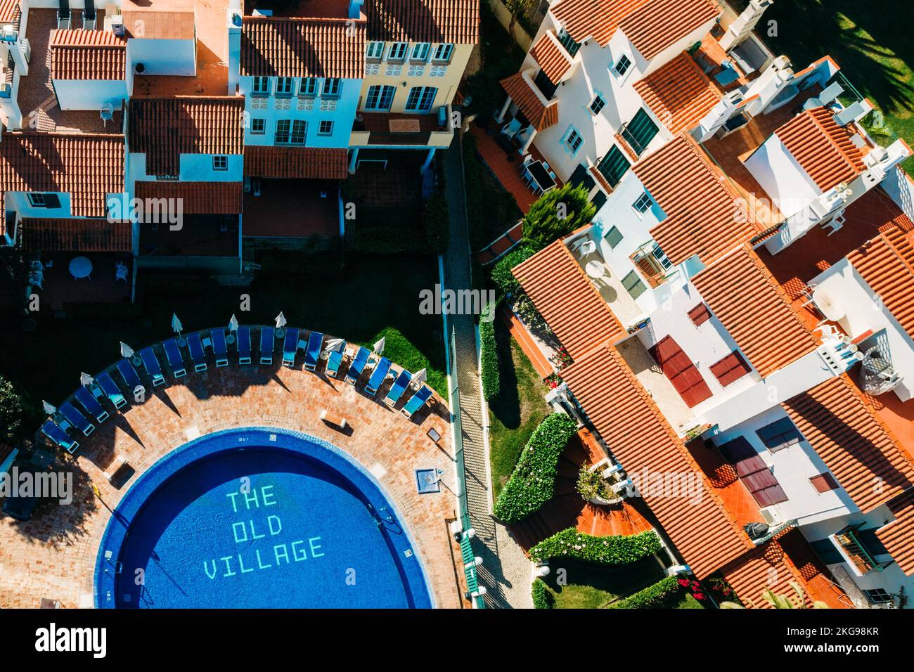 Aerial top down drone view of Old Village resort, a tranquil setting in The Algarve, surrounded by Pinhal Golf Course and close to pristine beaches Stock Photo