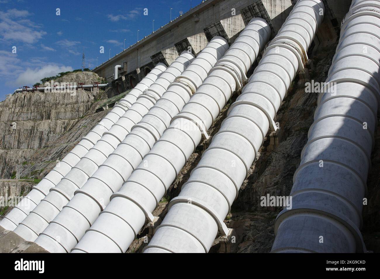 The Xingo Dam is a concrete face rock-fill dam on the Sao Francisco River on the border of Alagoas and Sergipe, near Piranhas, Brazil. The dam was built for navigation, water supply and hydroelectric power generation. Stock Photo