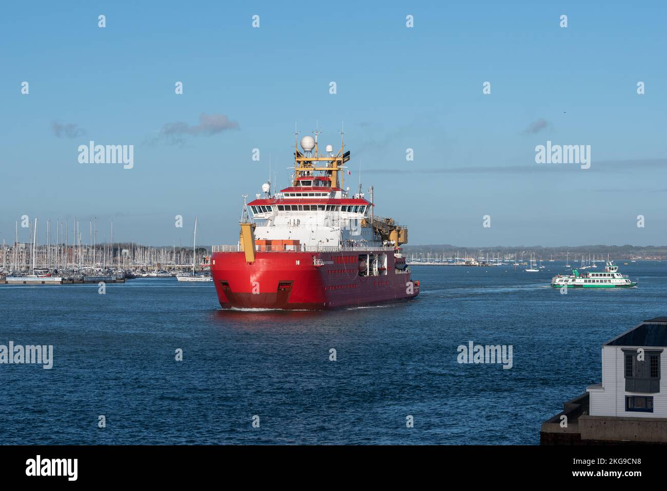 RRS Sir David Attenborough ship leaving Portsmouth harbour in England on it's way to Antarctica for research. Stock Photo