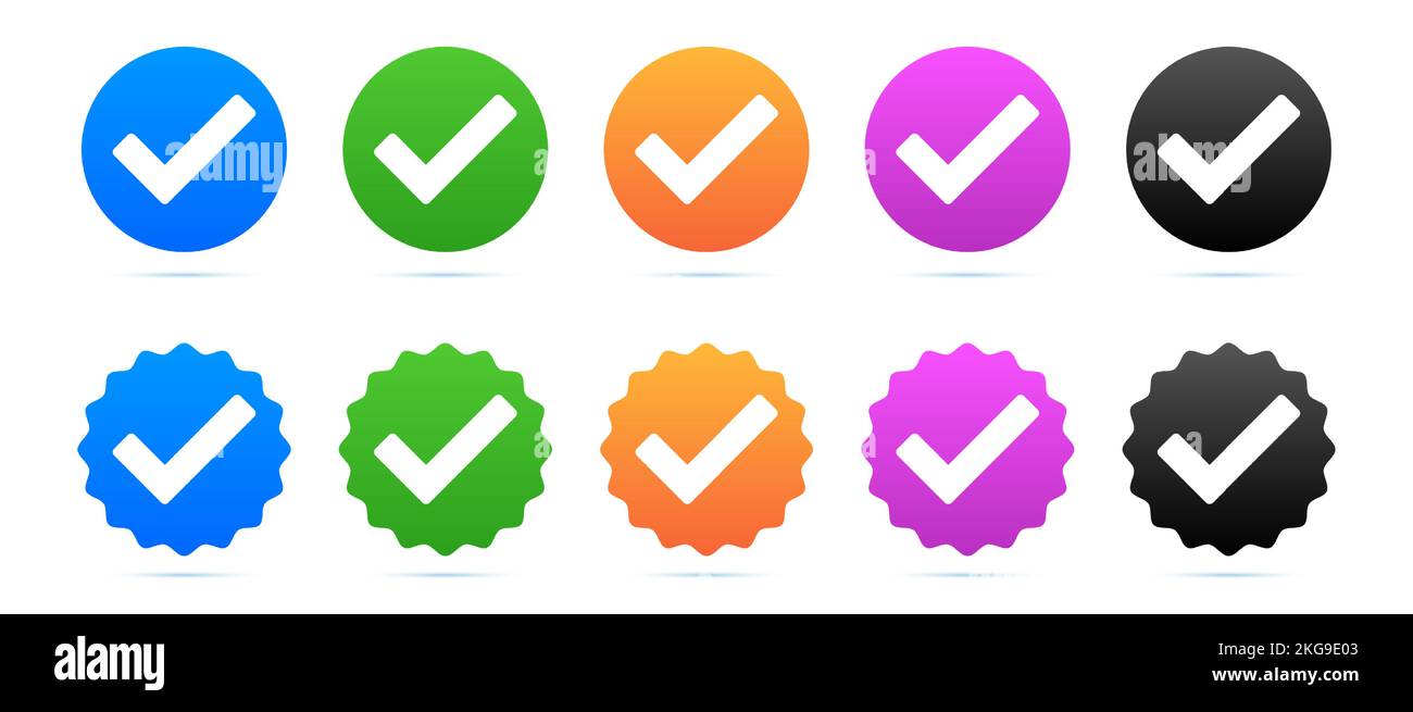 Vector set of blue, green, orange, pink, and black check mark and verification icons. Stock Vector