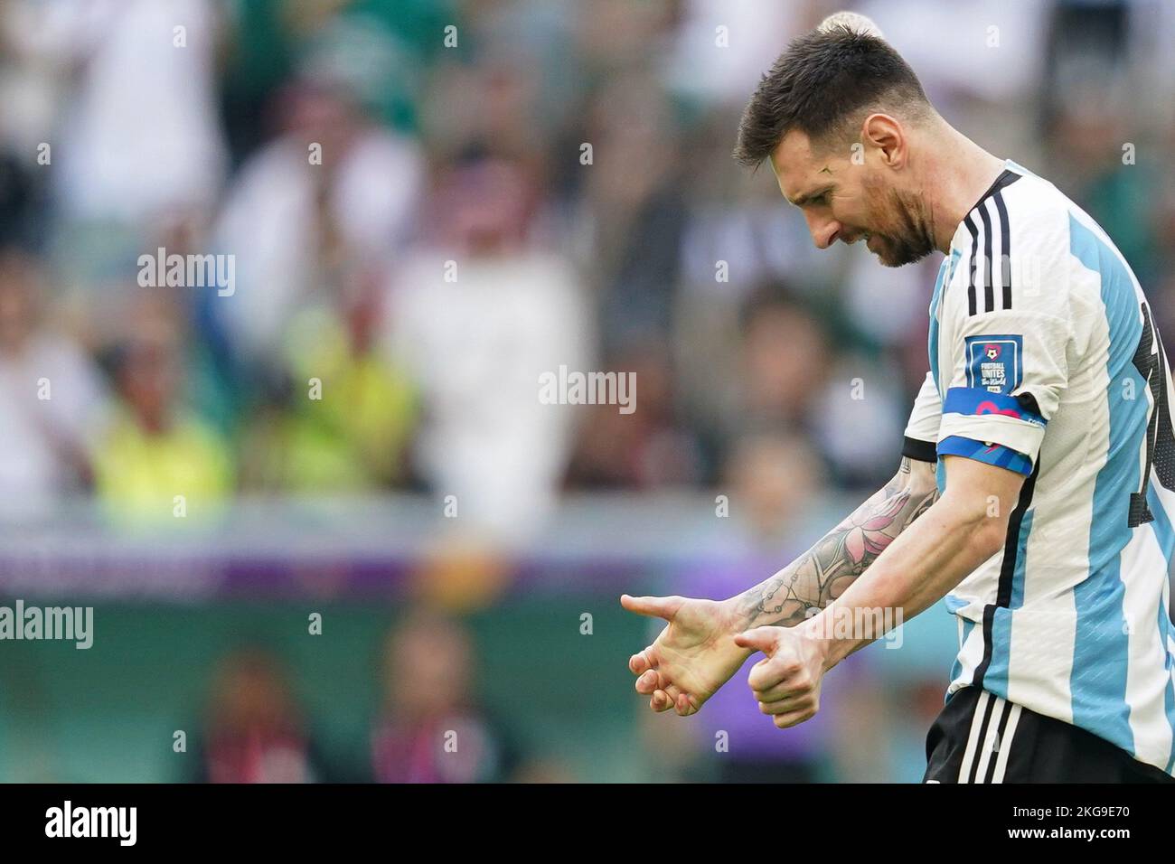 LUSAIL, QATAR - NOVEMBER 22: Player of Argentina Lionel Messi reacts during the 2022 FIFA World Cup Qatar group C between Argentina and Saudi Arabia at Lusail Stadium on November 22, 2022 in Lusail, Qatar. (Photo by Florencia Tan Jun/PxImages) Stock Photo