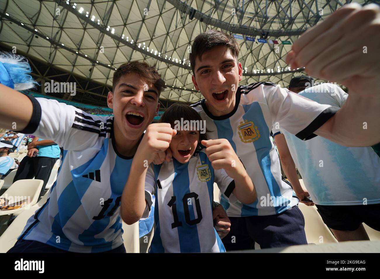LUSAIL, QATAR - NOVEMBER 22: Supporters of Argentina poses for a photo prior to the 2022 FIFA World Cup Qatar group C between Argentina and Saudi Arabia at Lusail Stadium on November 22, 2022 in Lusail, Qatar. (Photo by Florencia Tan Jun/PxImages) Stock Photo