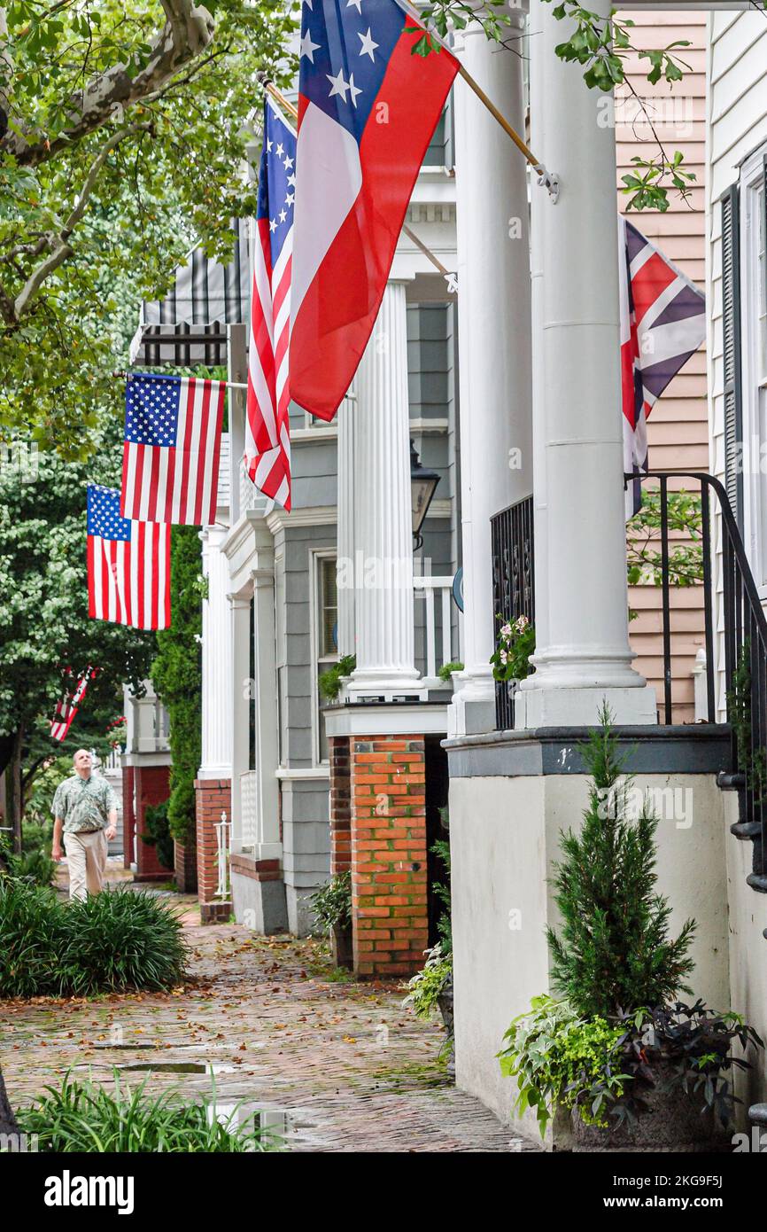 Virginia Portsmouth Colonial Olde Towne North Street,historic houses homes flag flags Stock Photo
