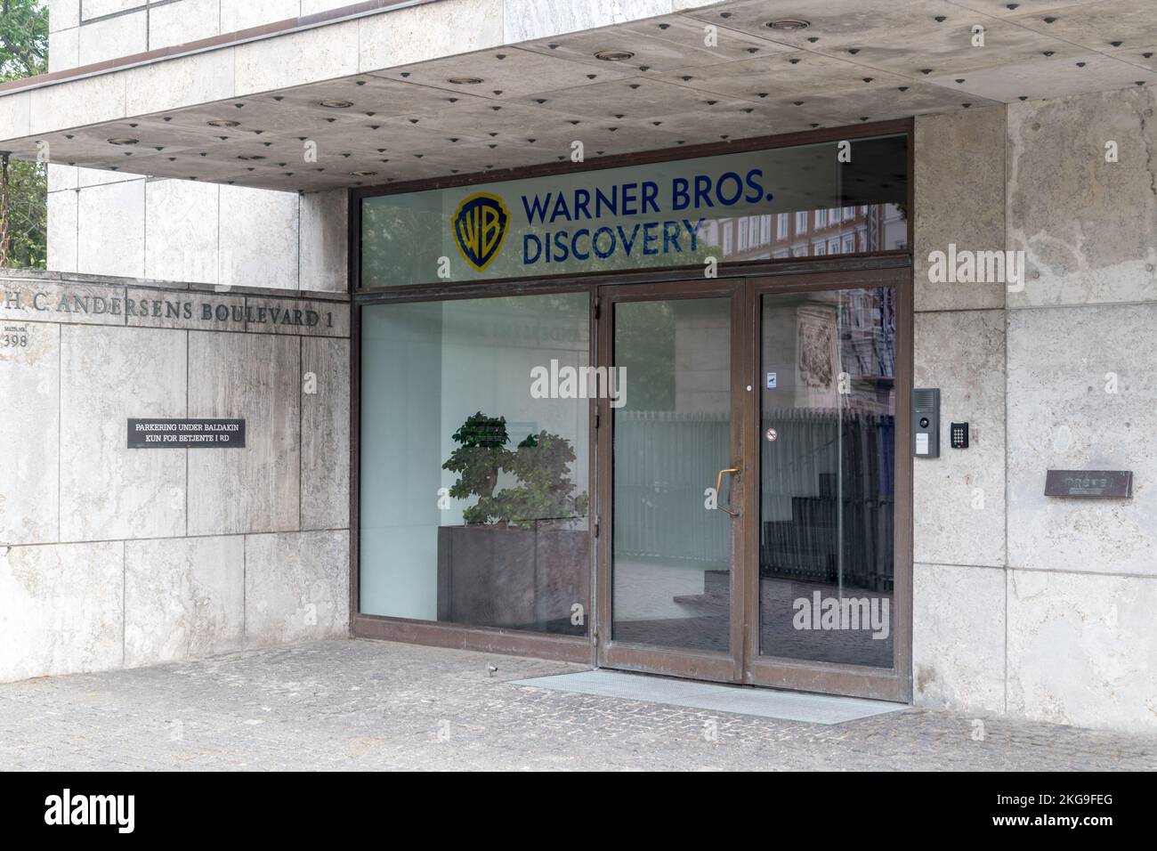 Copenhagen, Denmark - July 26, 2022: Warner Bros. Discovery in Copenhagen. WBD is American multinational mass media and entertainment conglomerate. Stock Photo