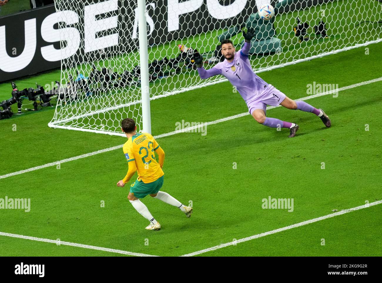 Australia's Craig Goodwin scores their side's first goal of the game during the FIFA World Cup Group D match at Al Janoub Stadium, Al Wakrah. Picture date: Tuesday November 22, 2022. Stock Photo
