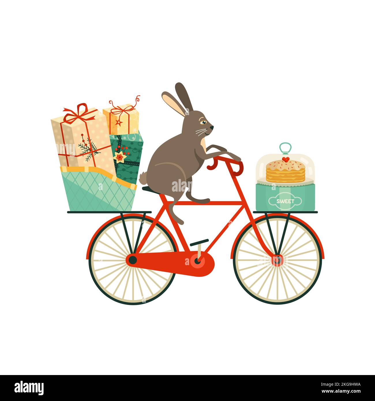 Rabbit ride bicycle with festive presents vector Stock Vector Image