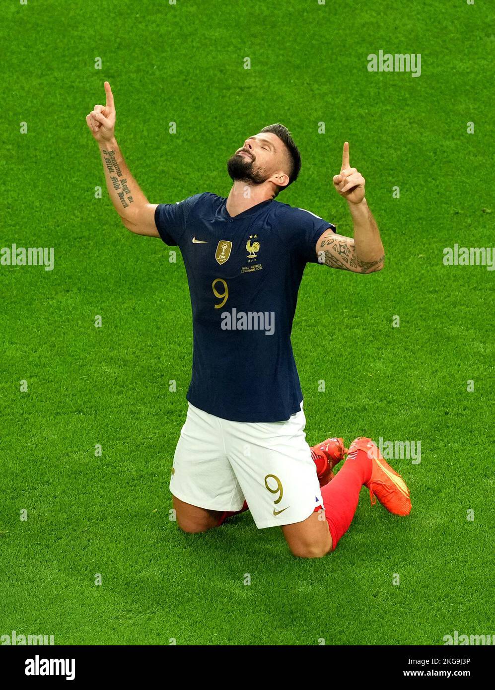 France's Olivier Giroud celebrates scoring their side's second goal of the game during the FIFA World Cup Group D match at Al Janoub Stadium, Al Wakrah. Picture date: Tuesday November 22, 2022. Stock Photo