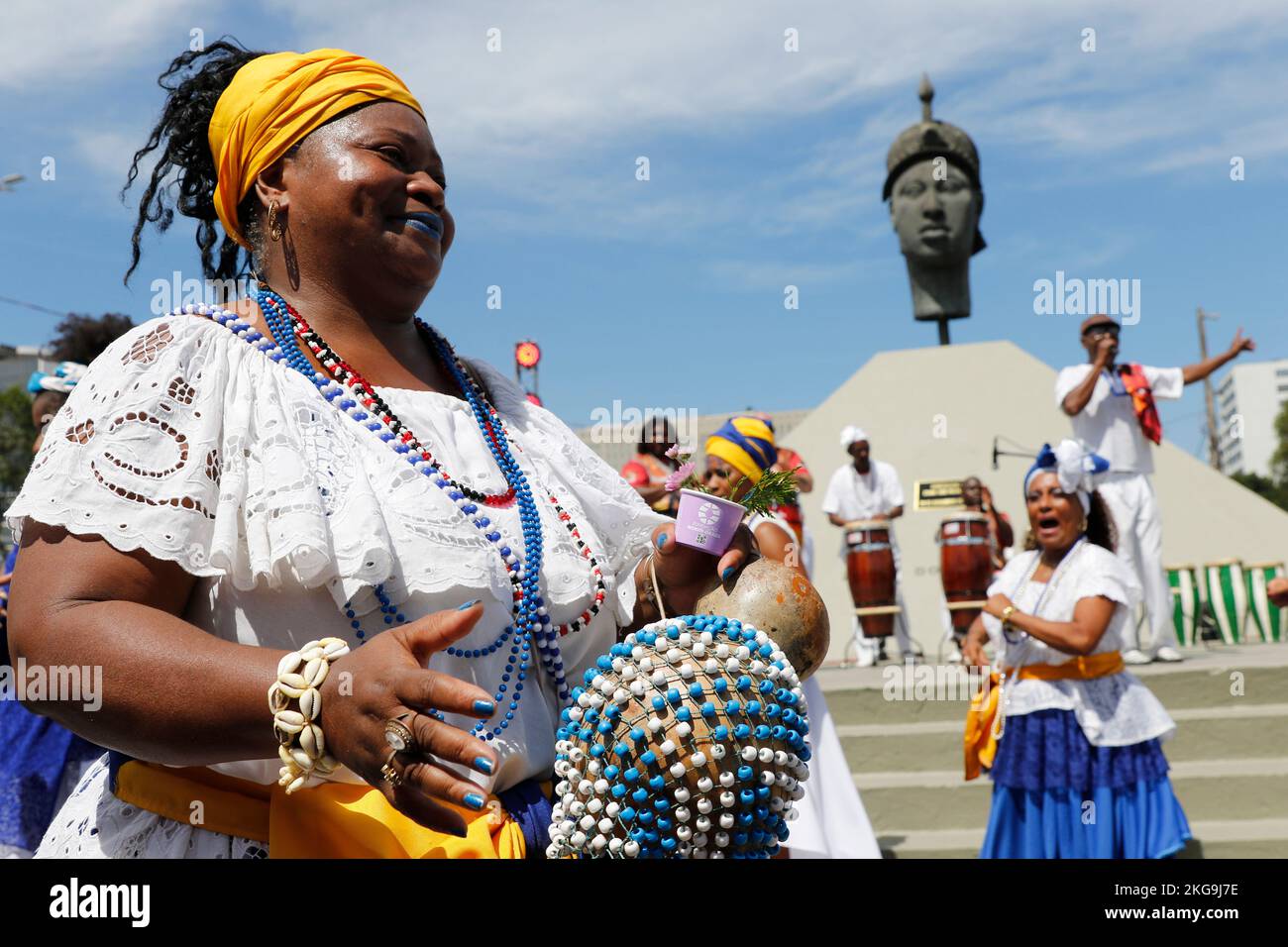 Black movement woman take part at celebration of brazilian Black Awareness Day at the monument to Zumbi dos Palmares with candomblé music Stock Photo