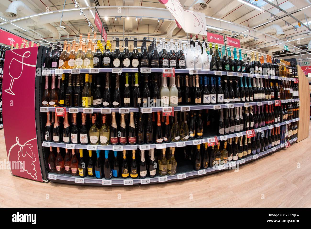 Cuneo, Italy - November 22, 2022: Assortment of sparkling wine bottles on displayed on shelf for sale in Italian supermarket, fish eye vision Stock Photo