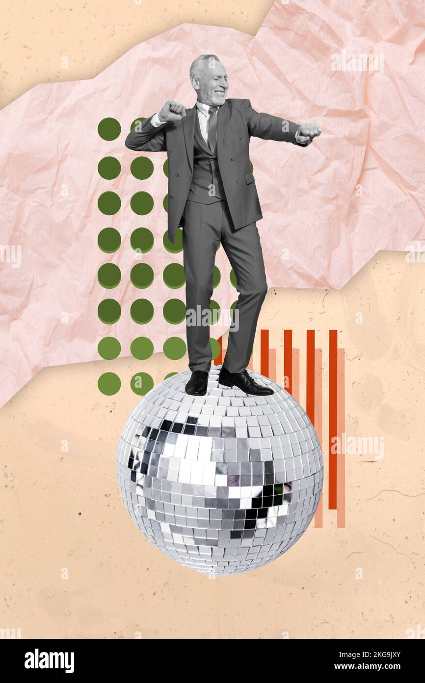 Vertical creative photo collage of funny good mood satisfied old man wear suit dancing on discoball isolated on pink color background Stock Photo