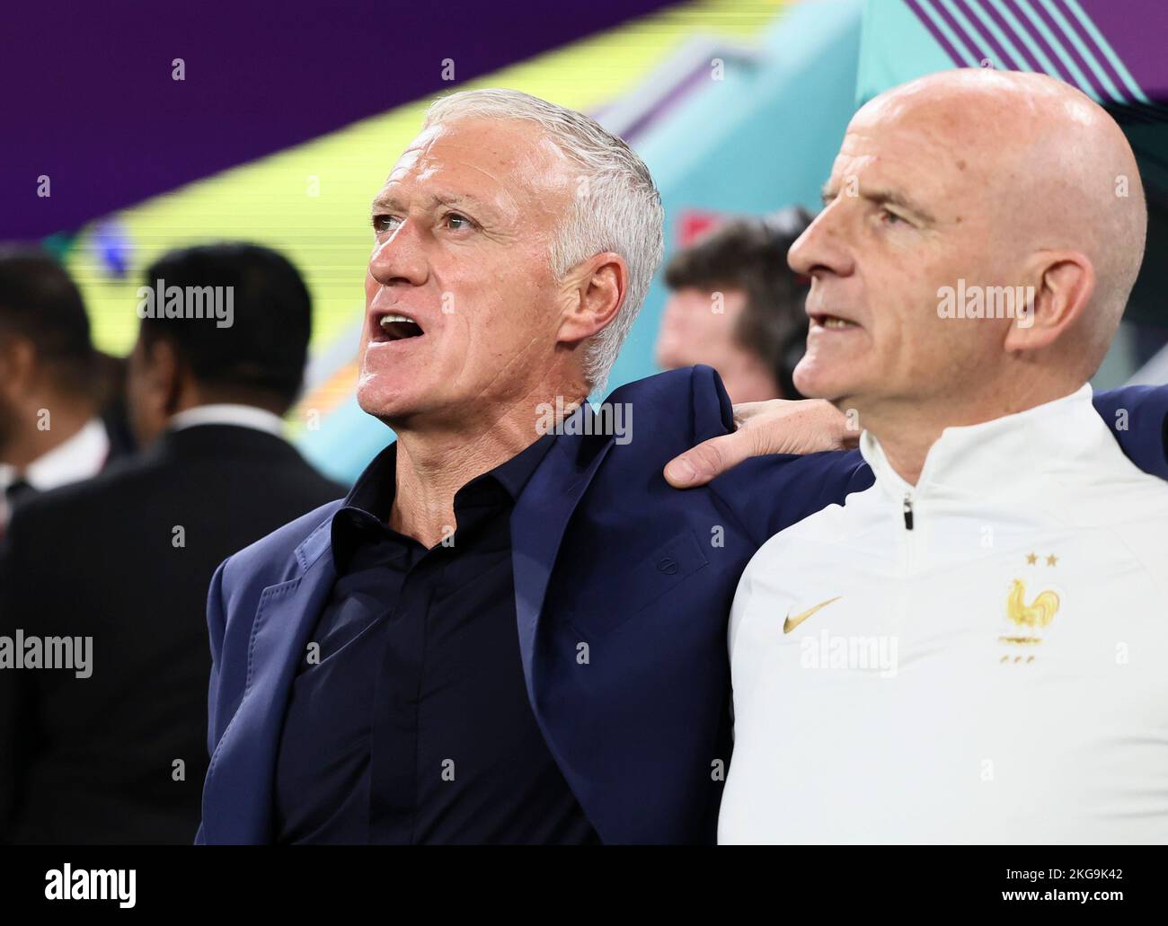 Al Wakrah, Qatar. 22nd Nov, 2022. Didier Deschamps (L), head coach of France, looks on prior to the Group D match between France and Australia of the 2022 FIFA World Cup at Al Janoub Stadium in Al Wakrah, Qatar, Nov. 22, 2022. Credit: Lan Hongguang/Xinhua/Alamy Live News Stock Photo