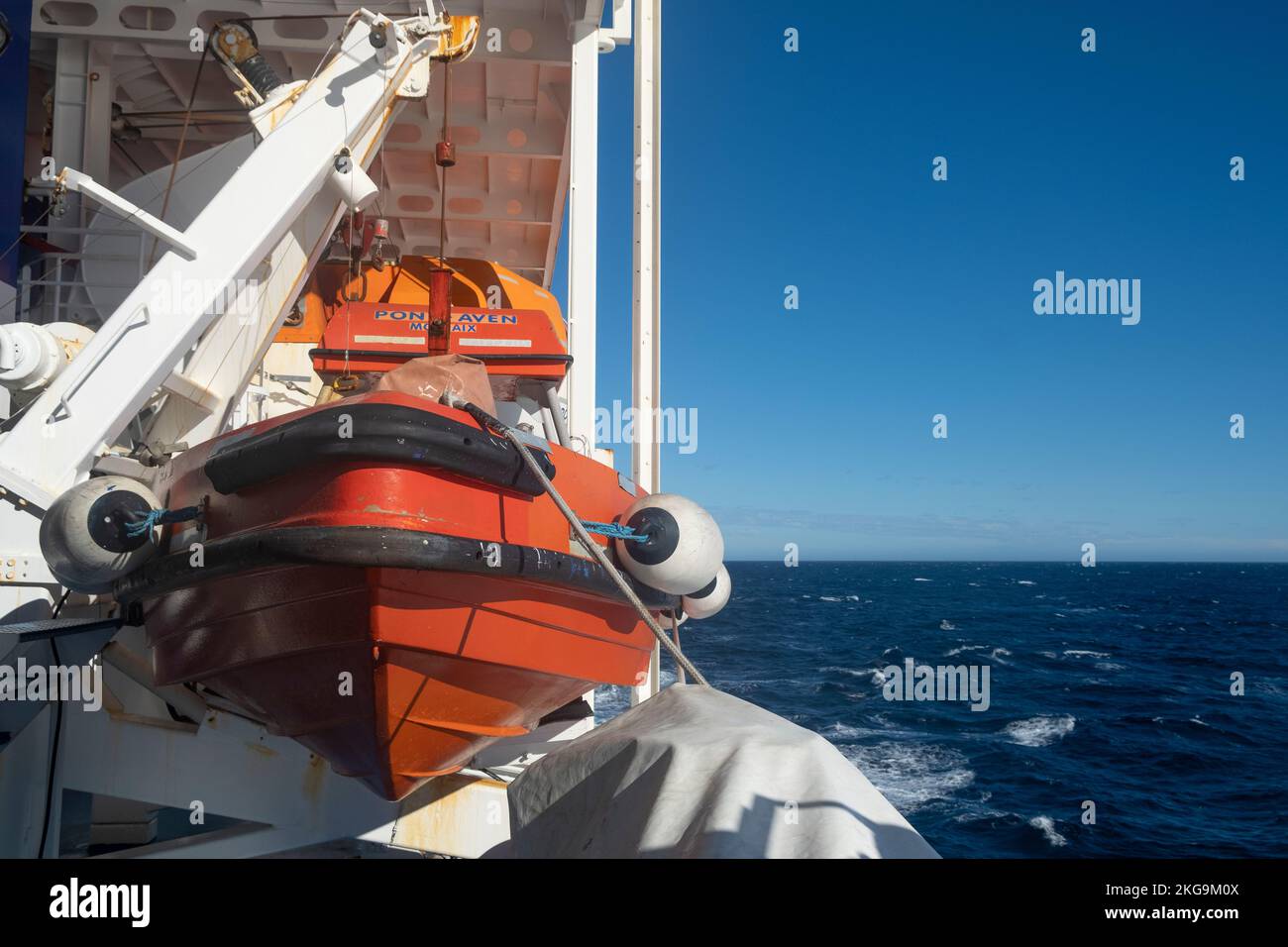 Santander, Spain. 20th October 2022. Emergency lifeboat in its ready stowed position onboard the Brittany Ferries Pont Aven cruise ship. Stock Photo