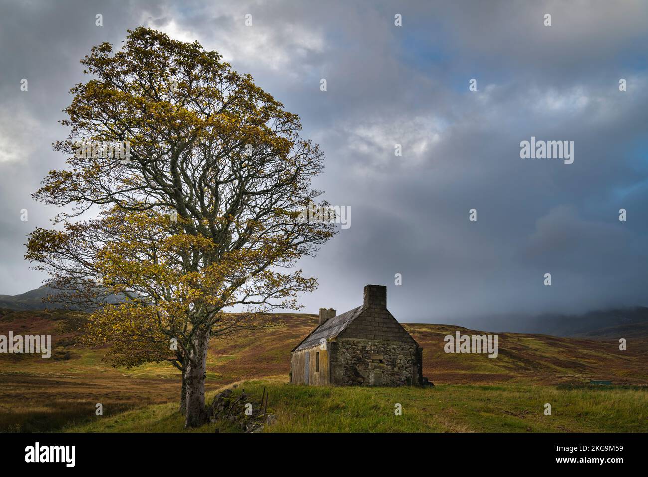 An autumnal HDR image of an old isolated croft at Lettermore on the shores of Loch Loyal, Sutherland, Scotland. 24 October 2022 Stock Photo