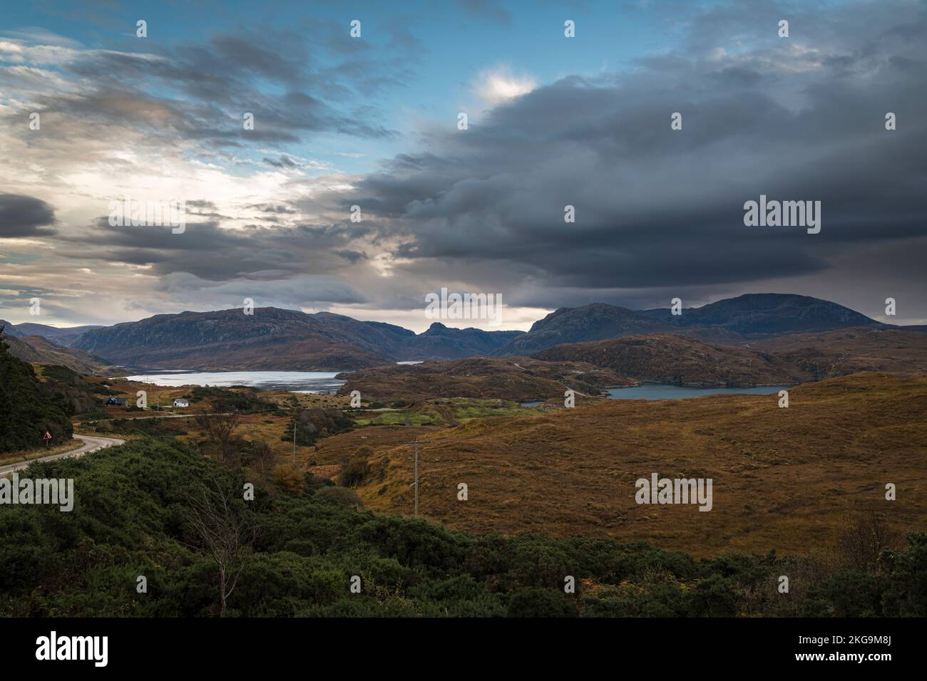 A cloudy, autumnal HDR image of Kylestrome and surrounding  countryside from the Assynt View Point on the A894, Sutherland, Scotland. 25 October 2022. Stock Photo