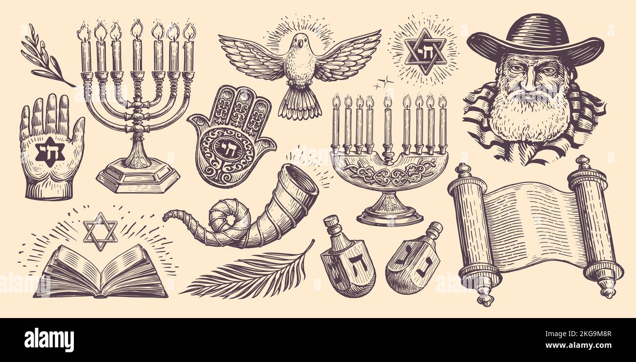 Judaism religion, jewish holidays concept. Torah and dreidel, Hanukkah menorah, Shofar, David Star, Rabbi, Hamsa vector Stock Vector