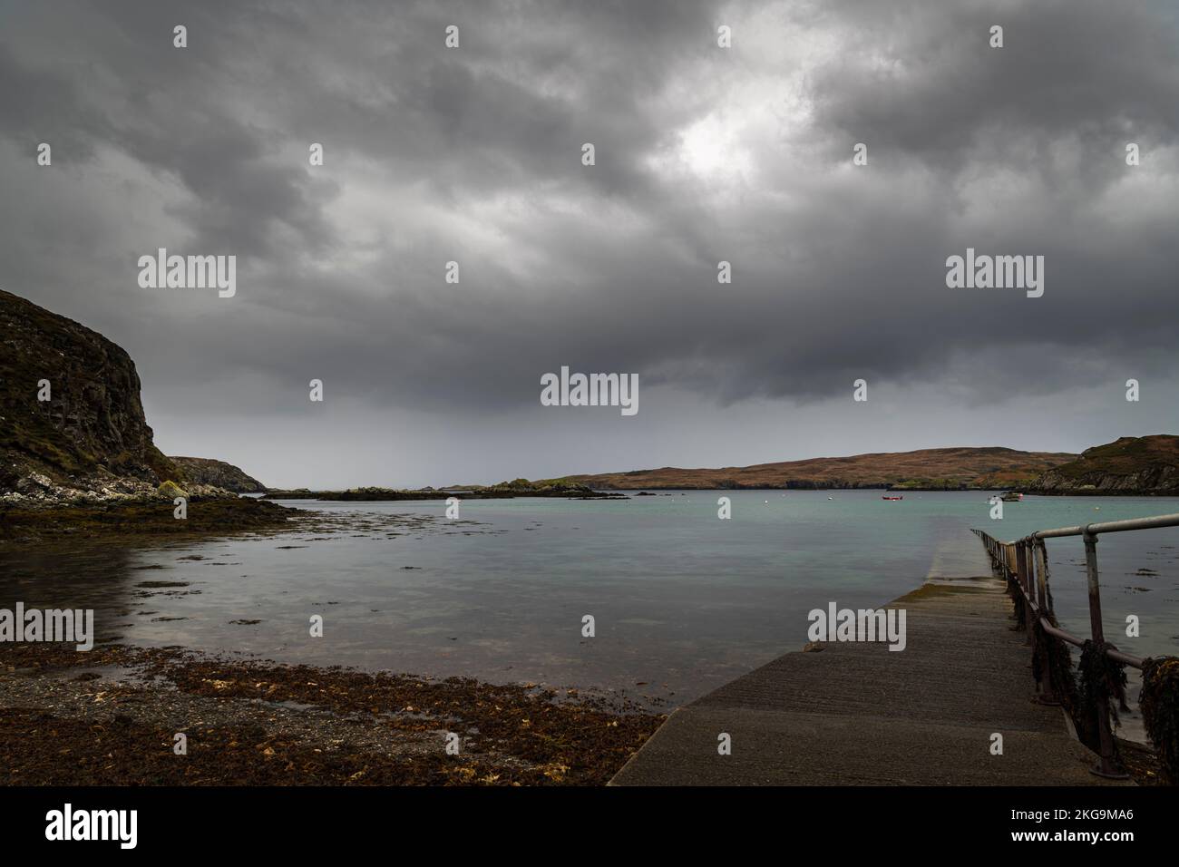 A dreich, autumnal HDR image of the jetty and harbour at Tarbet, where the ferry to Handa Island leaves from, Sutherland, Scotland. 26 October 2022 Stock Photo