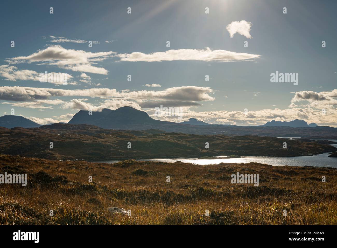 A clear, autumnal HDR image of the Assynt mountains from Badcall Bay in Sutherland, Scotland. 26 October 2022 Stock Photo