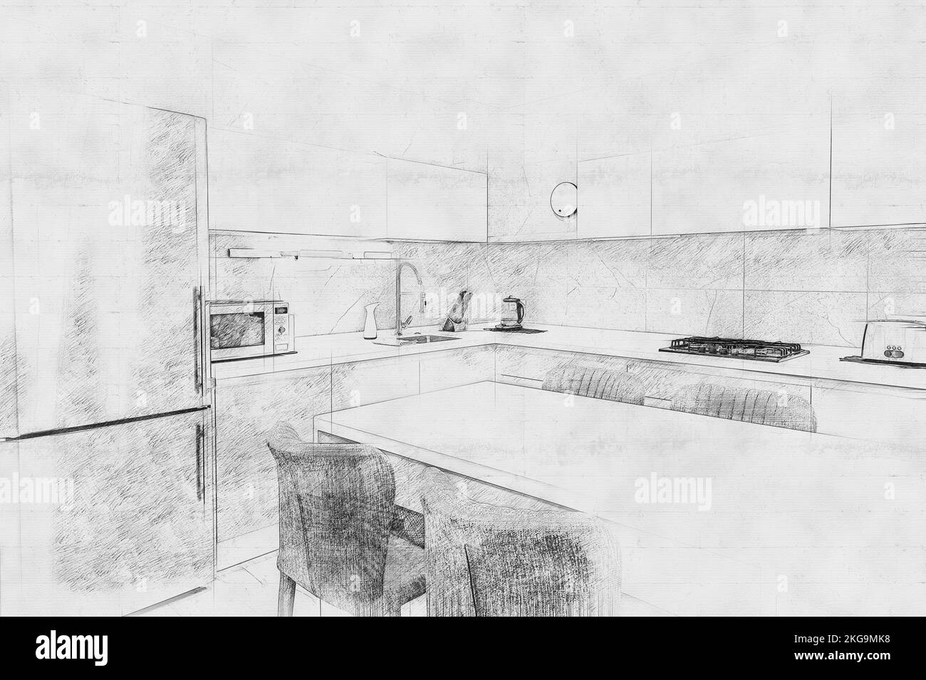 Black and white pencil scetch digital art of modern new kitchen in a luxurious apartment Stock Photo