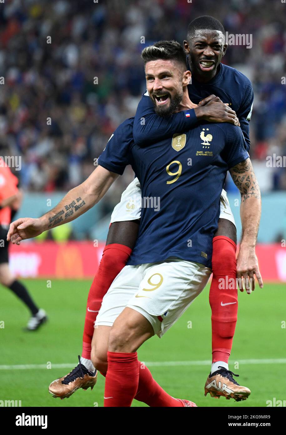 Al Wakrah, Qatar. 22nd Nov, 2022. Olivier Giroud (front) of France celebrates his goal with Ousmane Dembele of France during the Group D match between France and Australia of the 2022 FIFA World Cup at Al Janoub Stadium in Al Wakrah, Qatar, Nov. 22, 2022. Credit: Xiao Yijiu/Xinhua/Alamy Live News Stock Photo