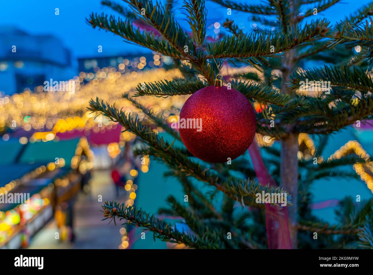 Pre-Christmas period, Christmas market on Kennedyplatz in Essen city centre, Christmas tree decorations, NRW, Germany, Stock Photo