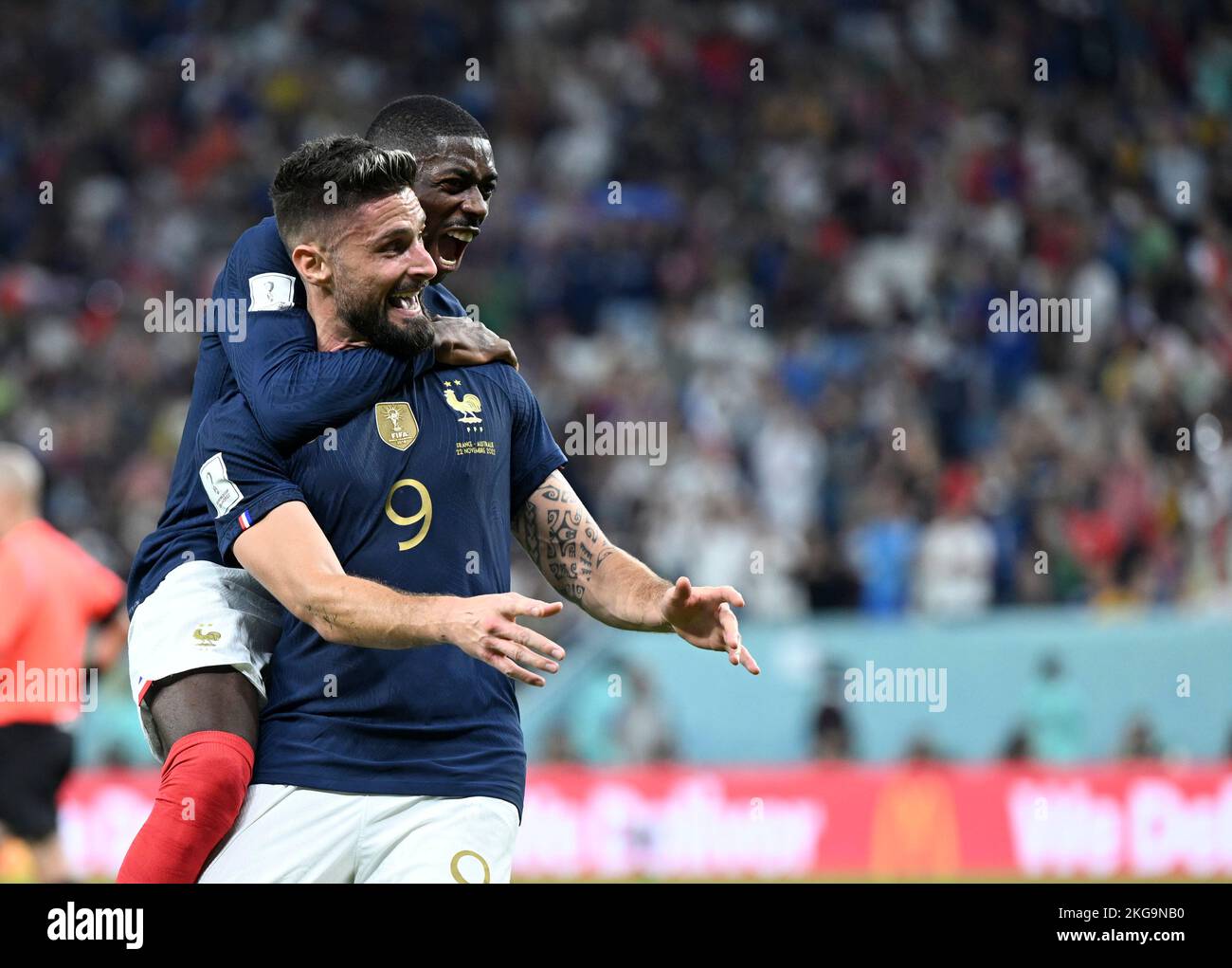 Al Wakrah, Qatar. 22nd Nov, 2022. Olivier Giroud (R) of France celebrates his goal with teammate Ousmane Dembele during the Group D match between France and Australia of the 2022 FIFA World Cup at Al Janoub Stadium in Al Wakrah, Qatar, Nov. 22, 2022. Credit: Xiao Yijiu/Xinhua/Alamy Live News Stock Photo