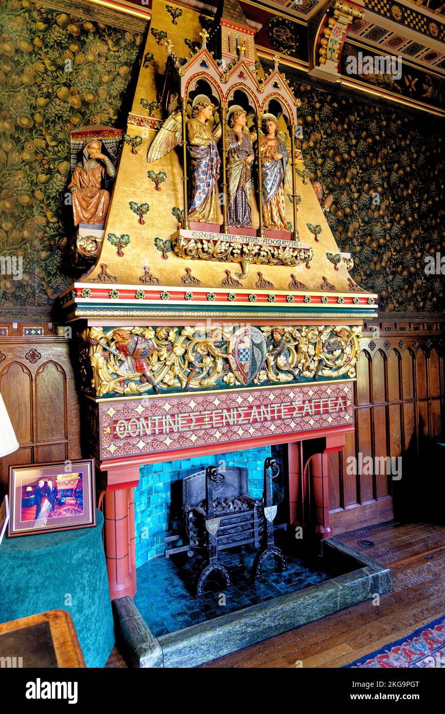 A view of the grand dining room with big, huge fireplace. At Cardiff