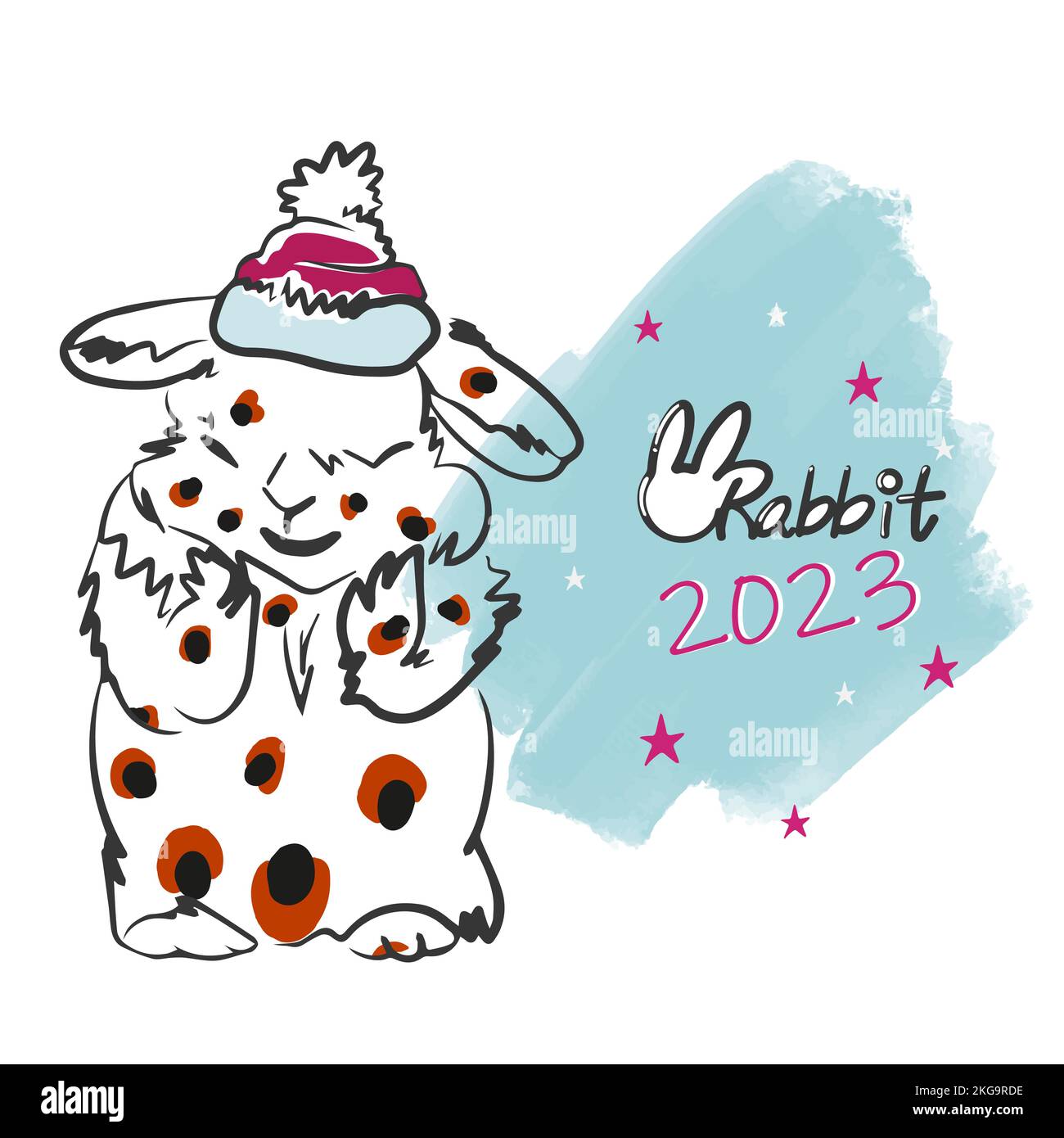Rabbit 2023, inscription, year of the rabbit, cute bunny in a hat ...