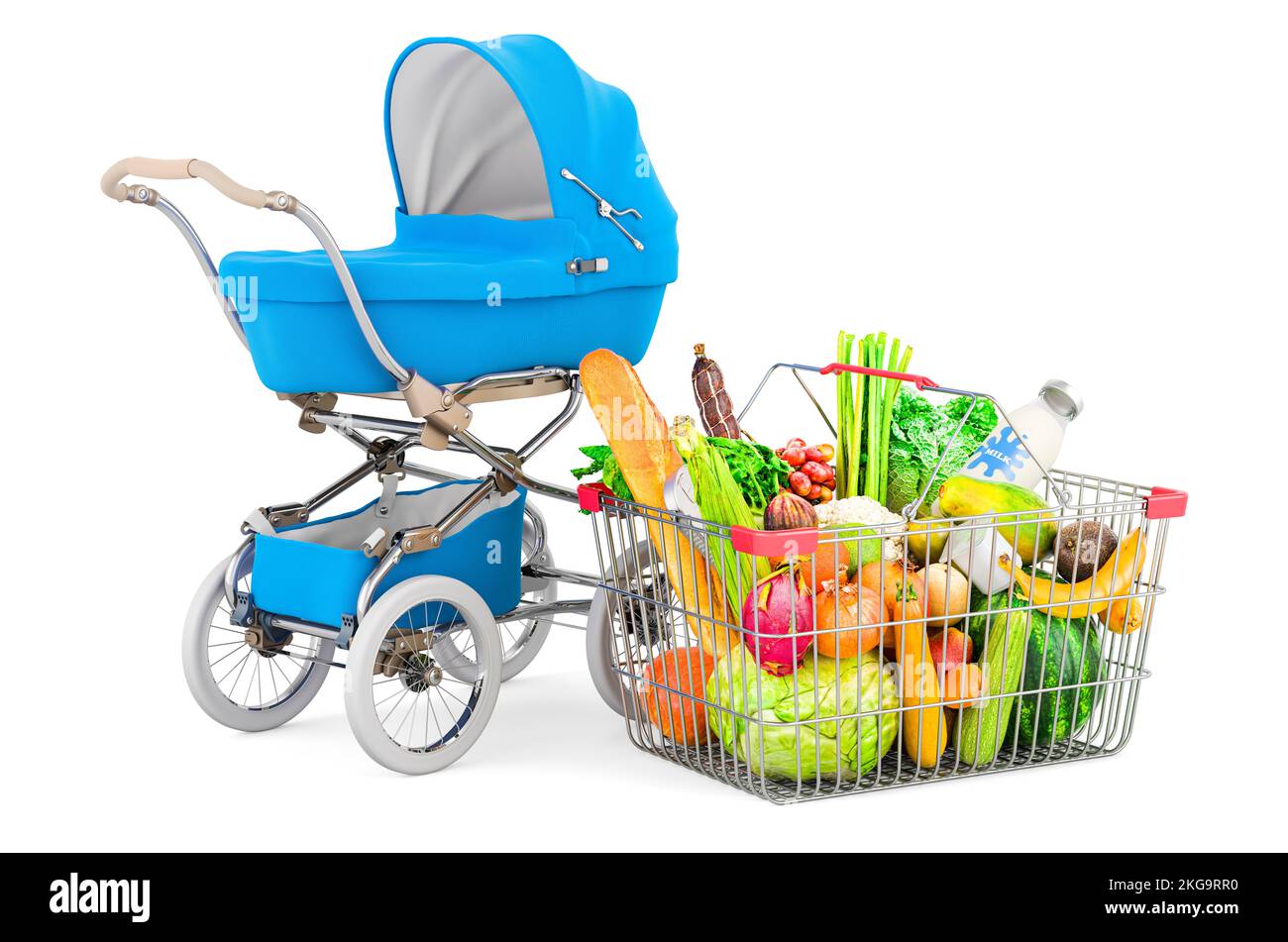 Baby carriage with shopping basket full of products, fruits and vegetables. 3D rendering isolated on white background Stock Photo