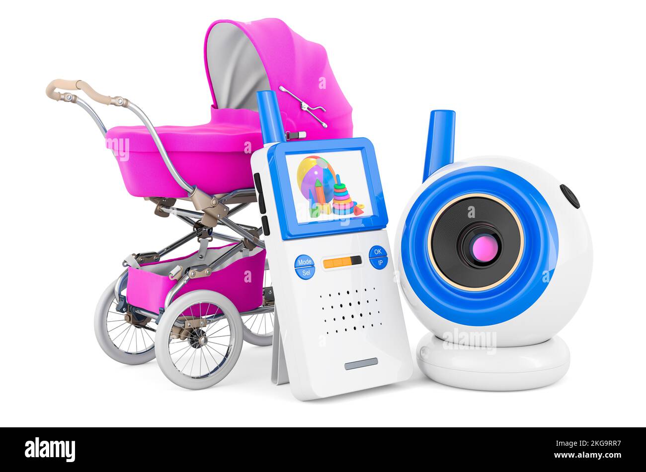 Baby cam, audio baby monitor with baby pram, 3D rendering isolated on ...