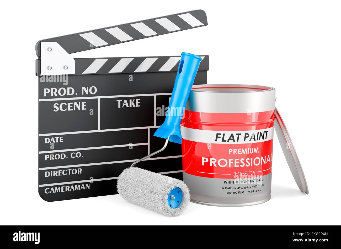 Can with paint and roller brush with clapperboard, 3D rendering ...