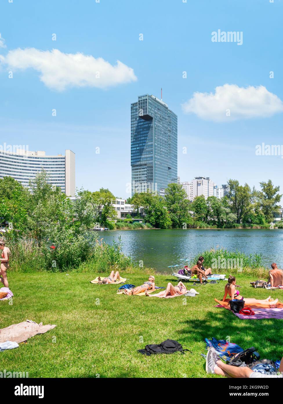 Vienna, Austria June 2022 Summer landscape at the beach with people